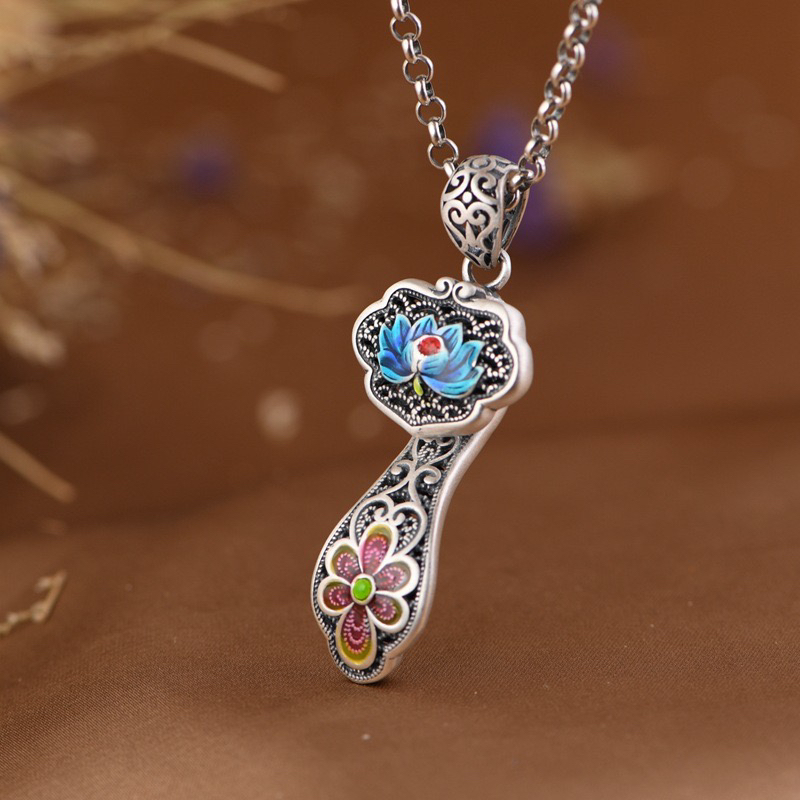 纯银如意吊坠99足银复古景泰蓝莲花文艺项坠国风珐琅彩老银匠手工