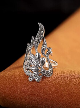 S925银复古泰银工艺指环 开口女款中指孔雀时尚银戒指老银匠手工