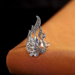 S925银复古泰银工艺指环 开口女款中指孔雀时尚银戒指老银匠手工