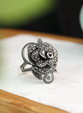 s925纯银玫瑰花戒指复古做旧民族风马克赛石花朵戒子老银匠手工