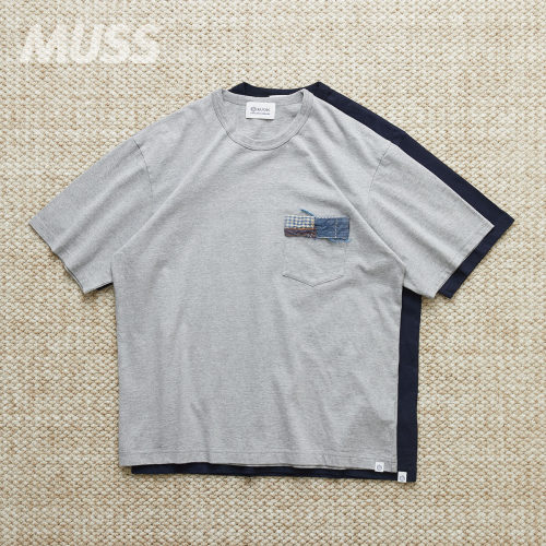 KUON日产古布拼接口袋短袖T恤