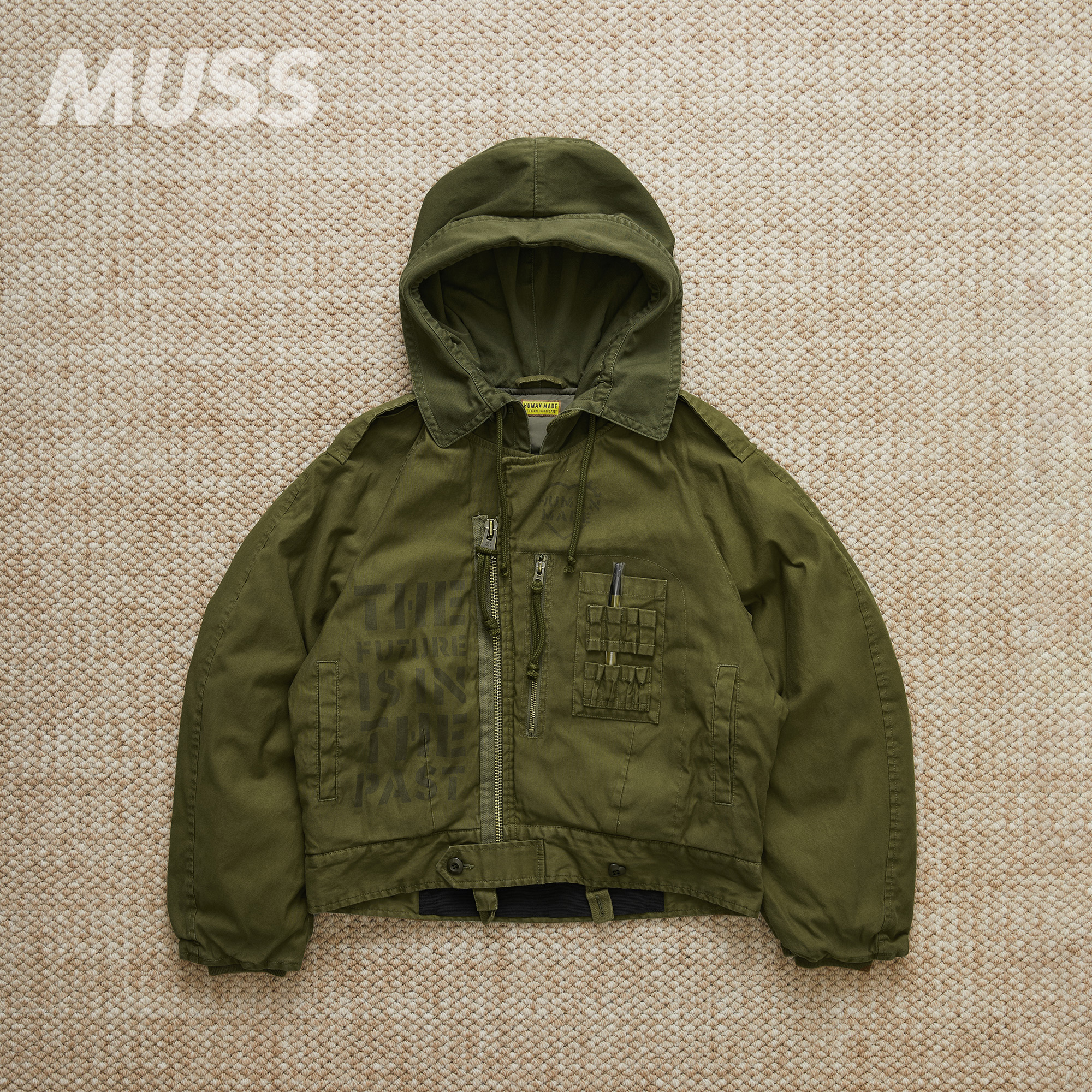 现货 HUMAN MADE HOODED BLOUSON 拼接做旧字母复古军事夹克外套