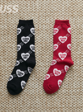 现货 HUMAN MADE HEART SOCKS 日产爱心字母满印中筒袜毛巾袜25AW
