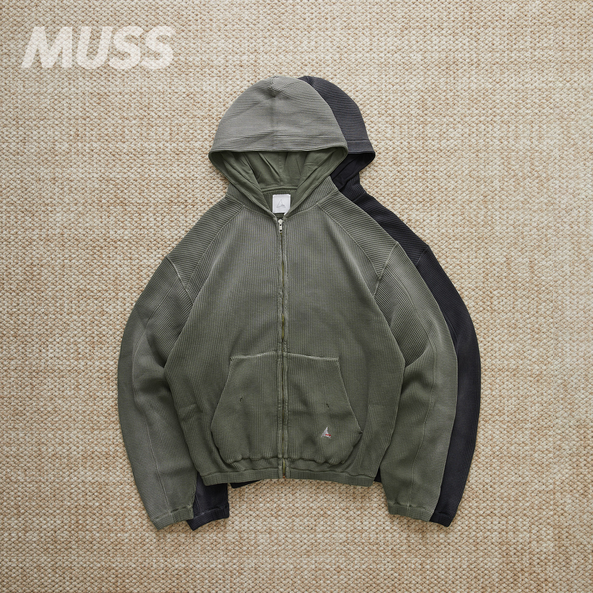 现货 ROA BEE SUN FADED WAFFLE 渐变水洗华夫格做旧拉链卫衣25AW