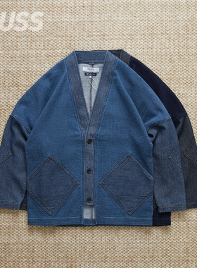 现货 FDMTL DIAMOND SHORT CARDIGA日产刺子蓝染复古牛仔开衫道袍