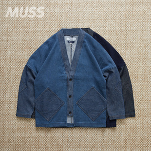 现货 FDMTL DIAMOND SHORT CARDIGA日产刺子蓝染复古牛仔开衫道袍