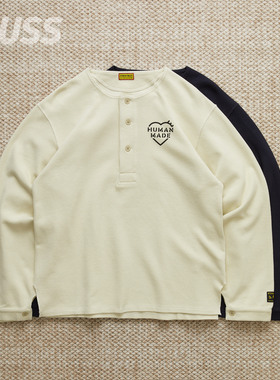 现货 HUMAN MADE HENLEY NECK 日产亨利领水洗华夫格字母长袖T恤