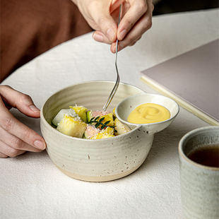 碗〗创意分格薯条碗自带醋碟陶瓷馄饨饺子家用碗 芦苇〖稀奇古怪