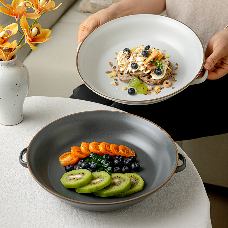 芦苇〖超实用大盘〗10英寸双耳盘陶瓷深盘纯色龙虾盆菜盘北欧汤盘