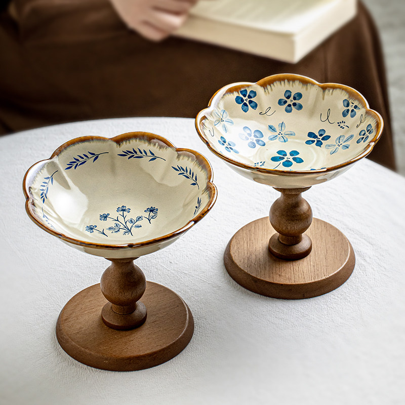 芦苇〖花朵果盘〗高颜值陶瓷水果盘木质高脚盘客厅精致家居点心盘