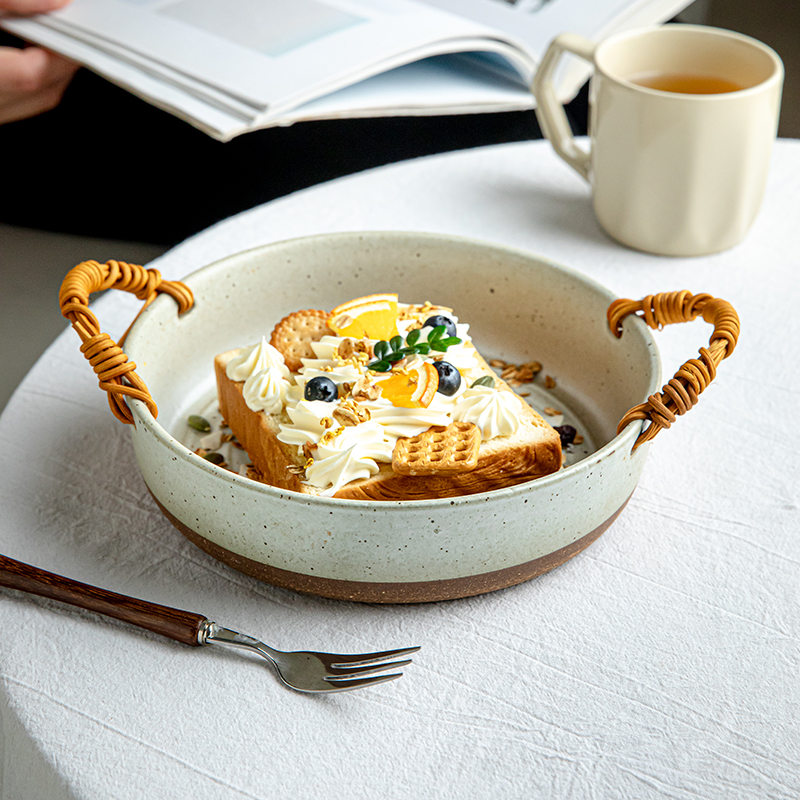 日式藤编粗陶双耳螺纹深盘炒菜盘