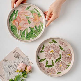 芦苇〖一眼心动〗8.5英寸芝麻釉陶瓷平盘精美花卉盘子餐厅西餐盘