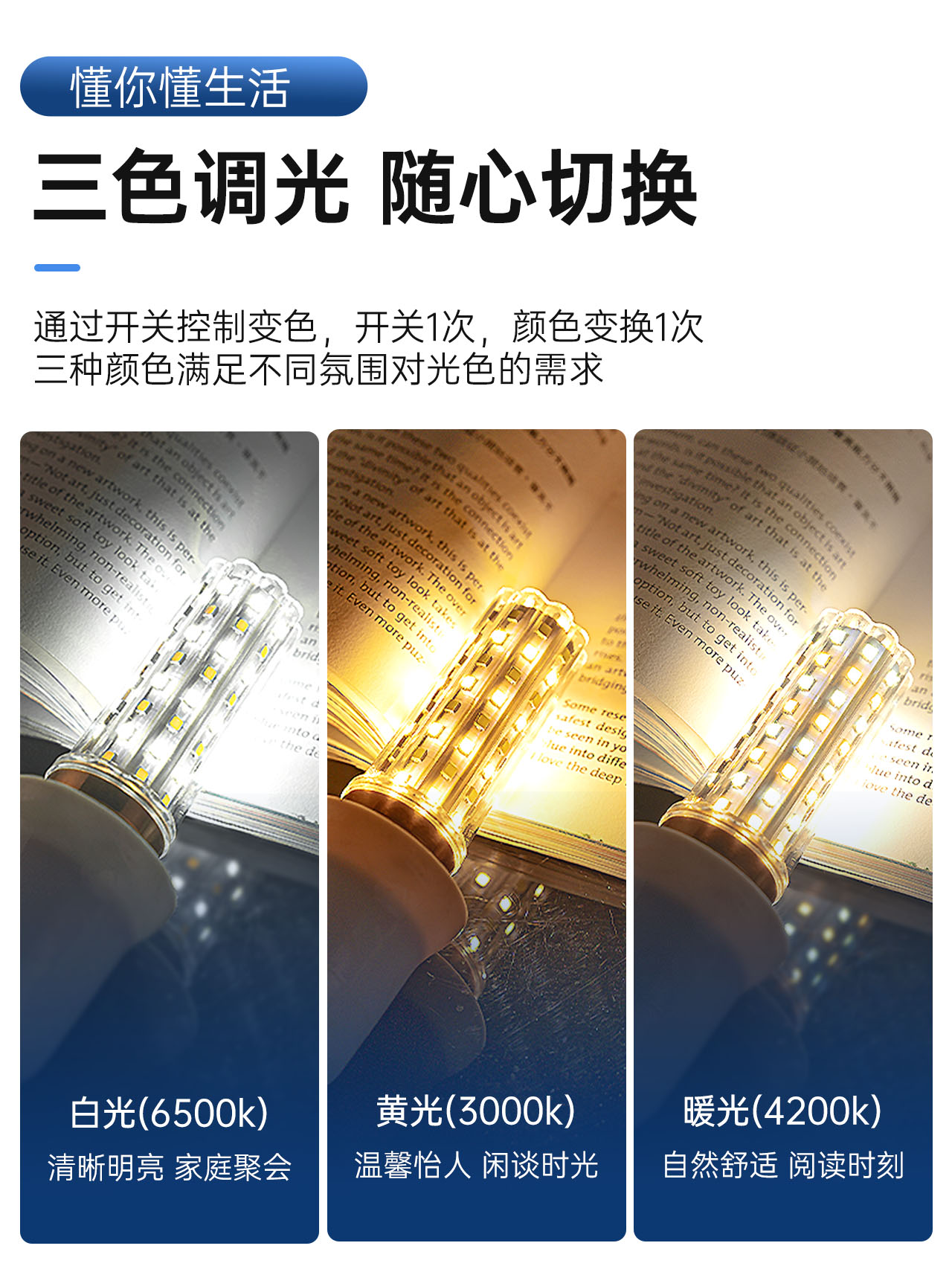 LED bulb corn lamp household e27 thread e14 screw energy-saving lamp warm white three-color light lighting chandelier light source