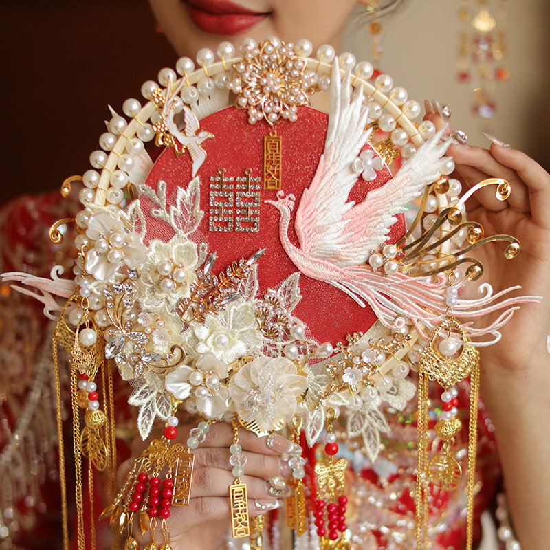 双面双色新娘结婚团扇重工秀禾喜扇diy材料包手工遮面扇成品高级,家居饰品,工艺扇/团扇/喜扇/折扇,淘宝优惠券,粉丝福利购,淘宝优惠卷