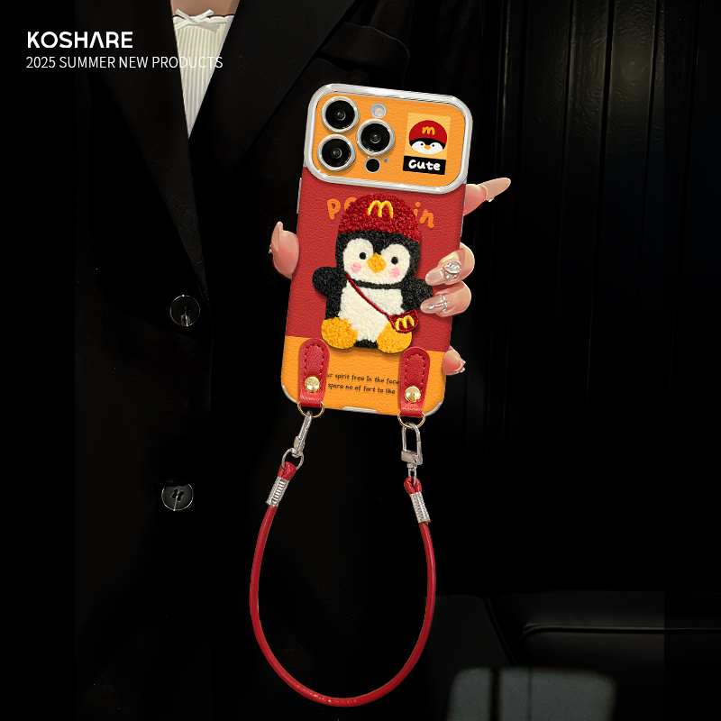 适用苹果17大视窗毛绒企鹅手机壳