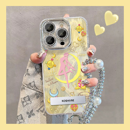 适用于苹果16pro手机壳新女款iPhone15promax羽纱14plus美少女战士13pro支架手链自带镜头膜12高级11防摔全包