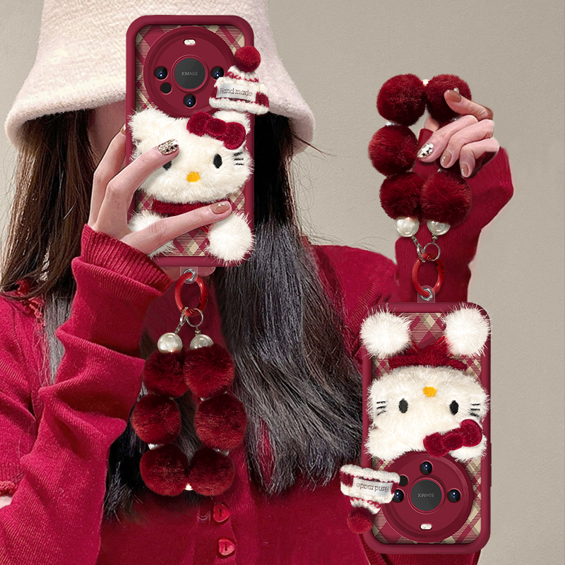 适用mate天眼羊皮毛绒猫咪手机壳