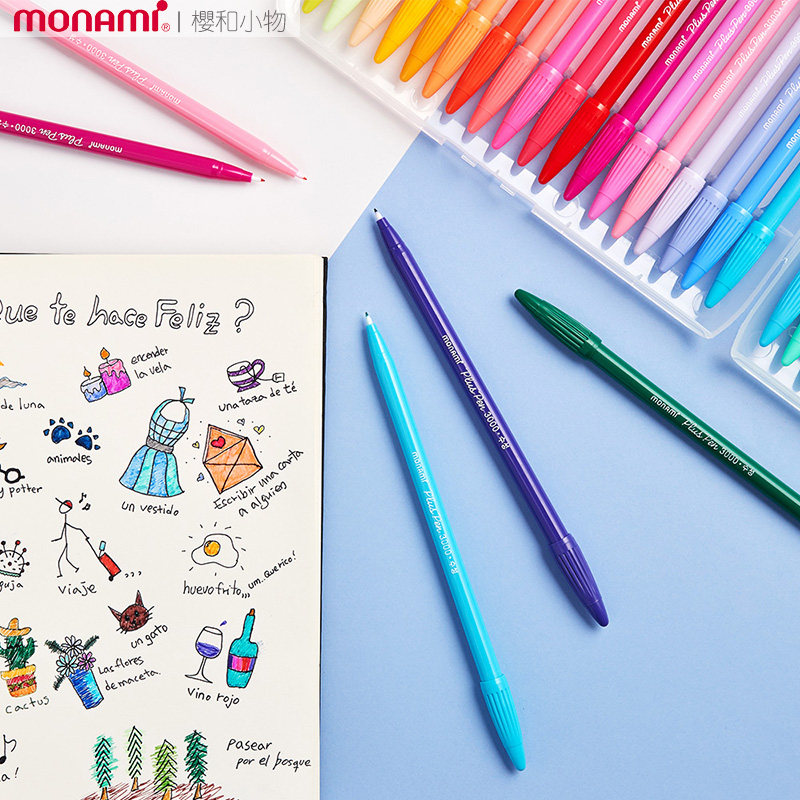 韩国 monami/慕那美plus pen 3000纤维笔水性笔彩色中性笔文具0.4mm勾线笔手帐笔学生用彩笔糖果色48色_虎窝淘