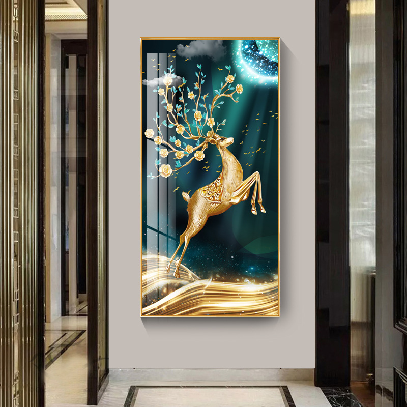 入门玄关晶瓷装饰画现代简约走廊竖版玄关墙挂画麋鹿定制一件包邮图片