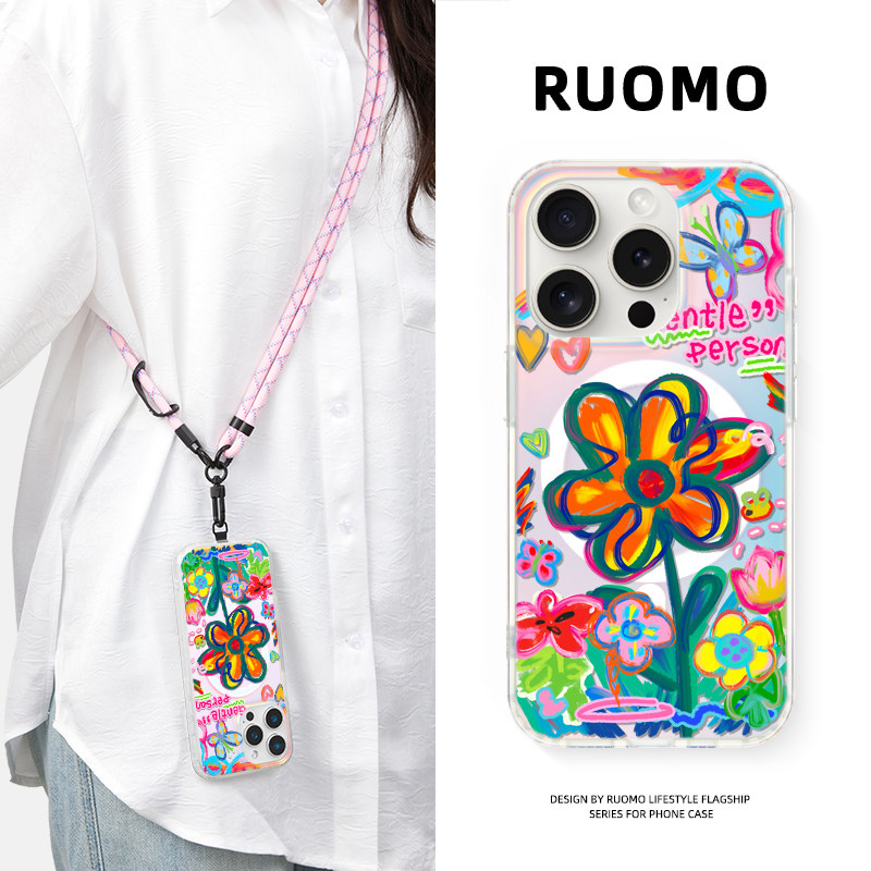 若墨适用苹果17promax手机壳iphone16pro新款15带挂绳女14镭射磁吸magsafe创意个性13斜挎可背挂脖12防摔