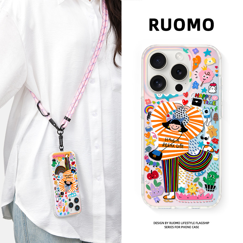 若墨适用苹果17promax手机壳iphone16pro新款15带挂绳女14镭射磁吸magsafe卡通女孩13斜挎可背挂脖12创意