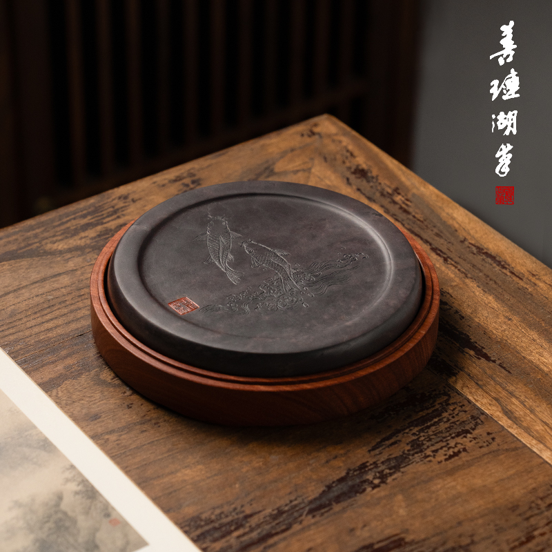 善琏湖笔 年年有余 砚台端砚坑仔肇庆翟倚嫦大师手作高档精品天然原石可研墨书法专用不干墨墨条墨池墨海研磨