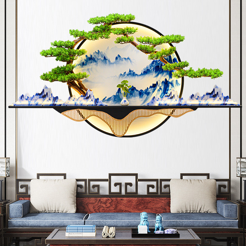 低价促销客厅玄关新中式铁艺壁挂带灯立体仿真迎客松装饰挂画