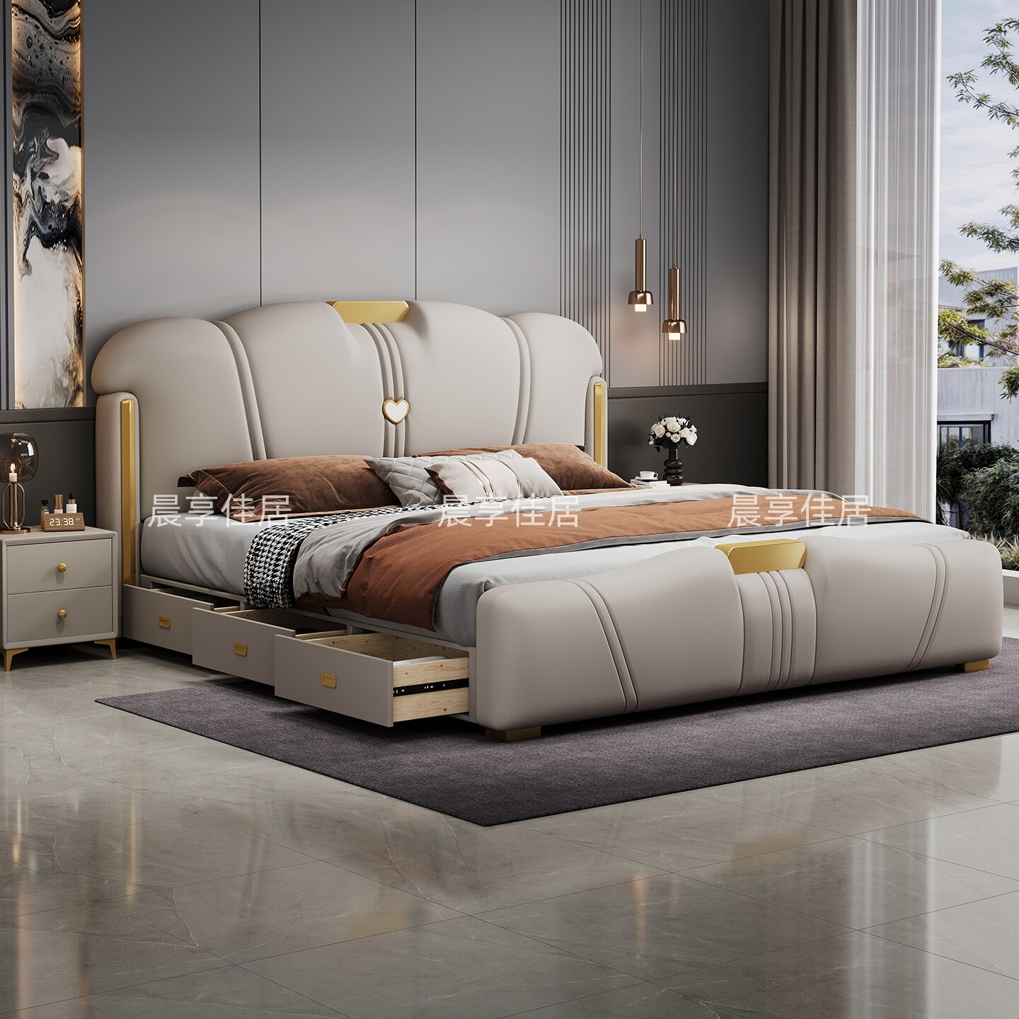 意式轻奢现代简约真皮床高端网红时尚软包大床主卧极简双人储物床