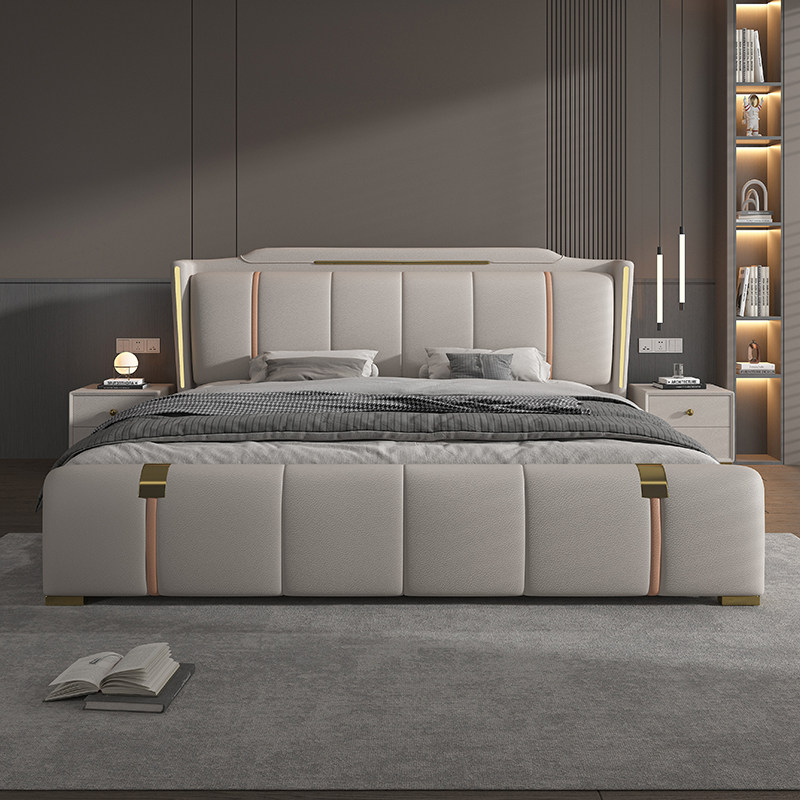 轻奢现代简约真皮床加厚床头软包极简婚床高端大气主卧双人结婚床
