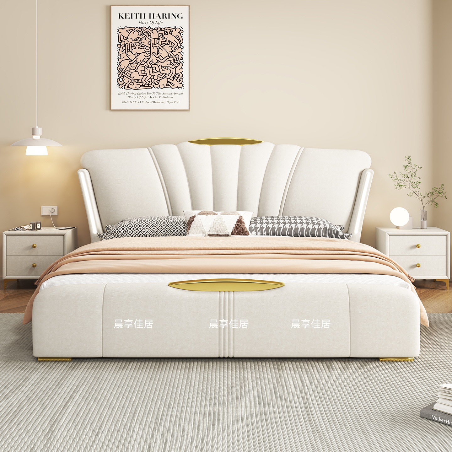 带灯奶油风麂皮绒布艺床轻奢主卧2.2米双人大床家用1.5x1.8米婚床