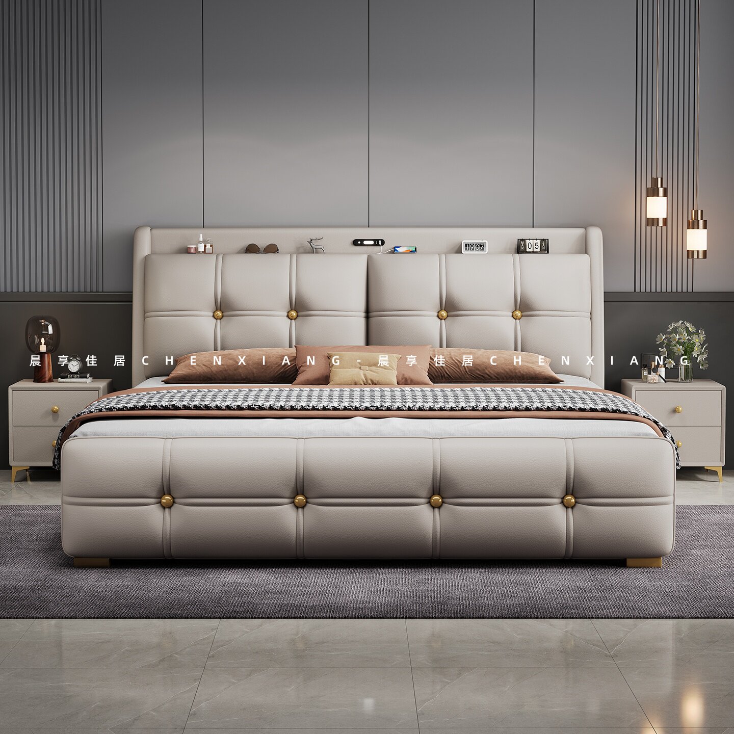 意式轻奢多功能真皮床2.2米现代简约高端床主卧1.5x1.8米双人大床