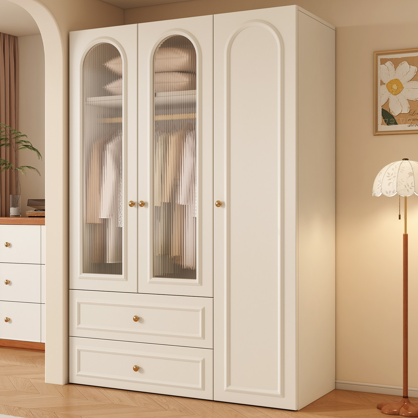 全实木衣柜家用卧室法式复古奶油风柜子通顶收纳储物柜成品大衣橱