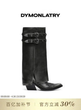 DYMONLATRY 2025新款西部女靴 高筒做旧皮带扣装饰裤管靴