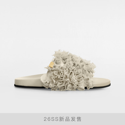 DYMONLATRY褶皱网纱一字带拖鞋