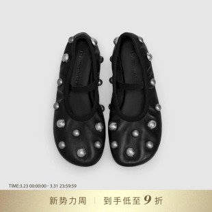 子女薄底单鞋 DYMONLATRY 饰抽褶芭蕾鞋 铆钉装 2026SS新款