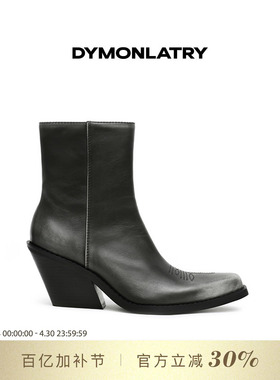 DYMONLATRY 2025新款黑色做旧女士短靴 擦色西部短靴