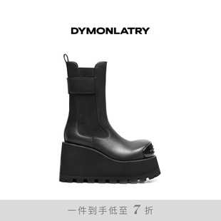 DYMONLATRY 大圆头金属装饰厚底切尔西靴 坡跟女士高跟短靴