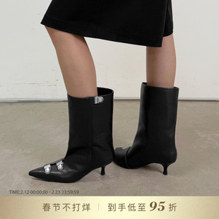 DYMONLATRY 2025秋冬新款金属饰扣宽筒高跟短靴中筒靴女靴子