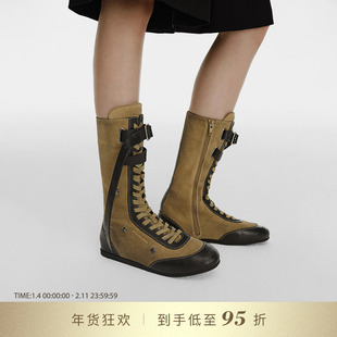 DYMONLATRY 2025秋冬新款条带饰扣拳击靴游牧风中筒靴女靴子