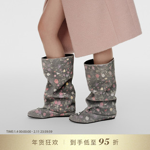 DYMONLATRY2025秋冬新款拉链装饰宽筒堆堆靴中筒靴女靴子