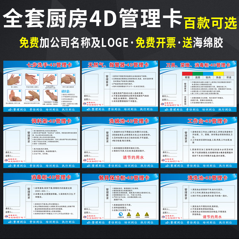 全套4D厨房管理卡标识牌标贴学校餐厅酒店厨房卫生检查工具6S制度防水标语食堂责任牌五常标语管理提示牌标签