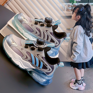 品牌儿童运动鞋女童鞋子夏季网面透气轻便减震旋纽扣男小孩跑步鞋