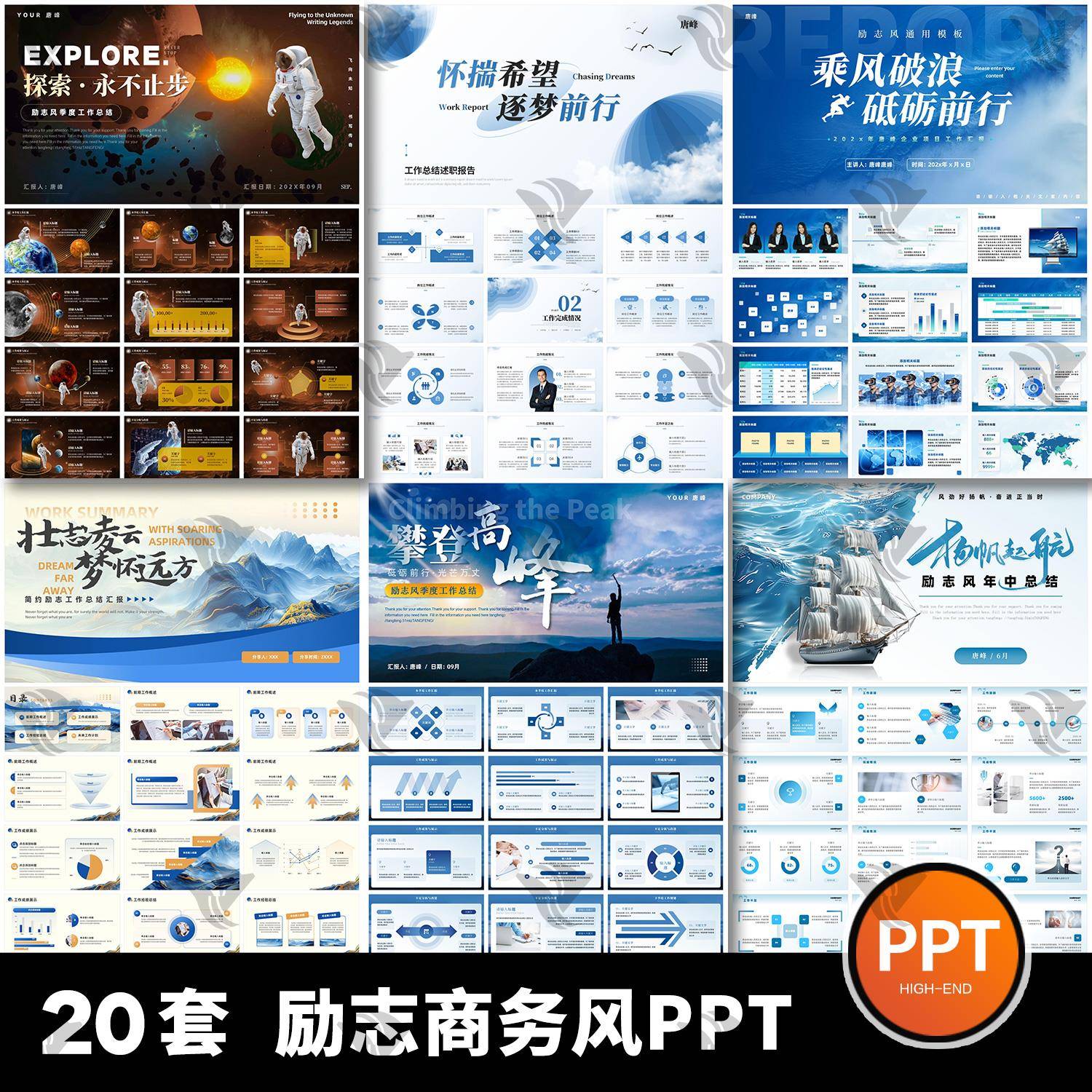 高级感蓝色简约励志商务风年终年中工作总结述职汇报通用ppt模板