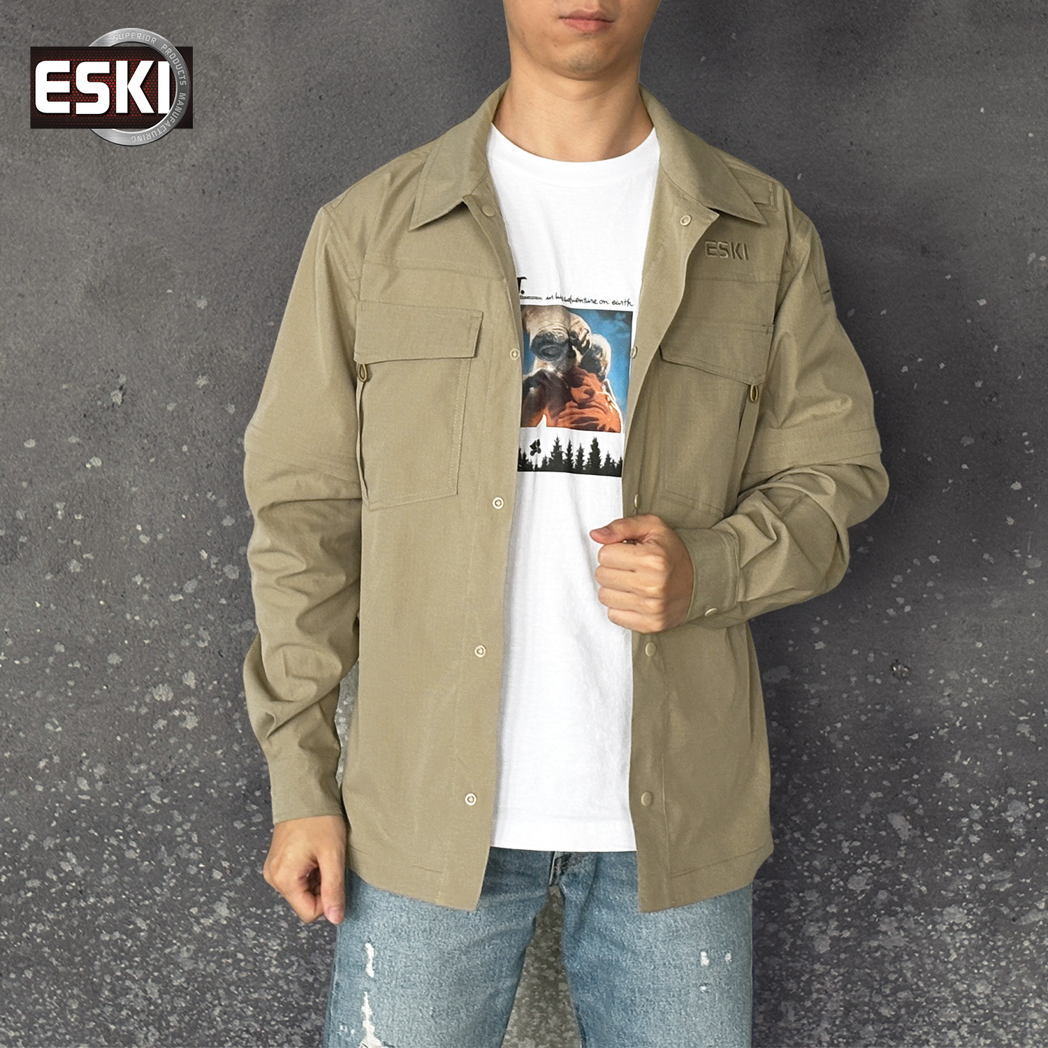 ESKI爱斯战术可拆卸袖衬衫户外休闲商务通勤纯色衬衣