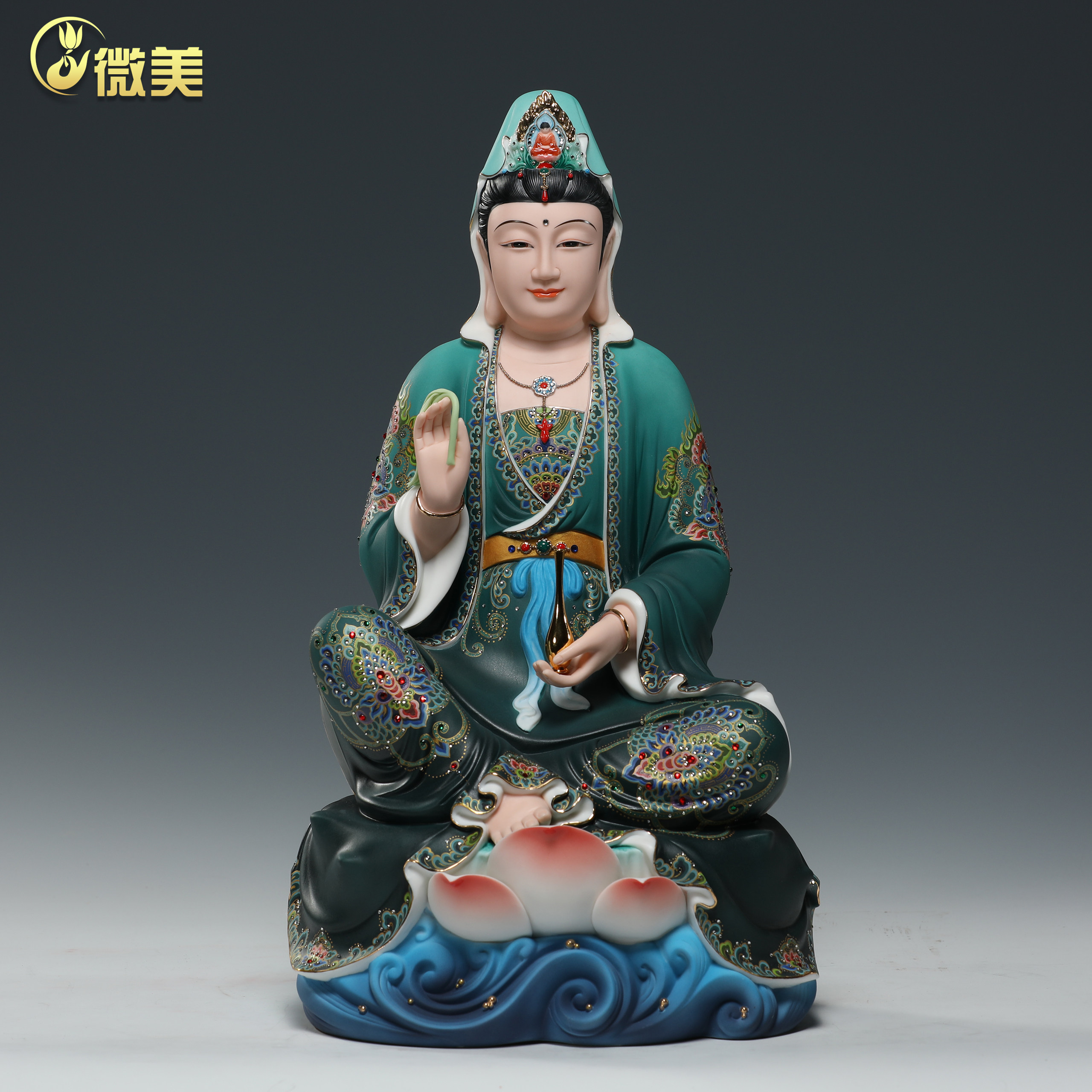微美陶瓷12至18寸自在观音佛像德化彩绘观音菩萨家居供奉装饰摆件
