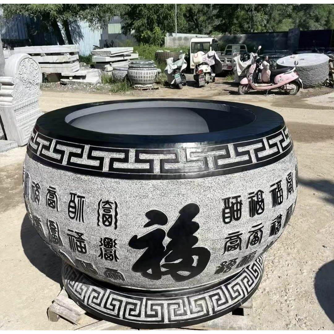青石石雕鱼缸门海荷花水缸百福养鱼石缸庭院养鱼石缸户外水槽圆缸