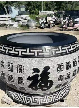 青石石雕鱼缸门海荷花水缸百福养鱼石缸庭院养鱼石缸户外水槽圆缸
