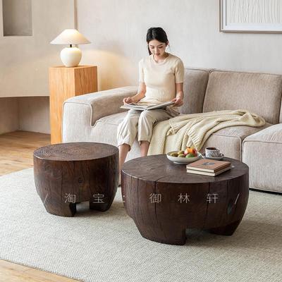 圆形客厅茶馆茶几组合实木墩子茶室茶桌民宿侘寂风原木根雕边几