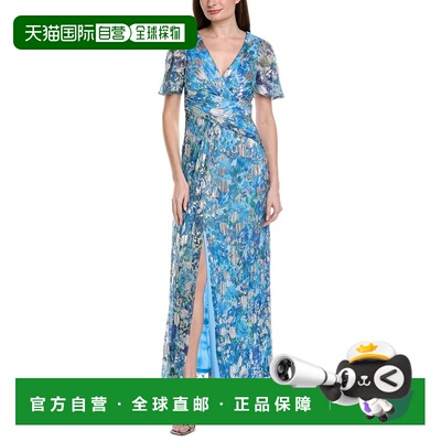 自营Adrianna Papell Flutter Sleeve Crinkle Foil Floral Gown
