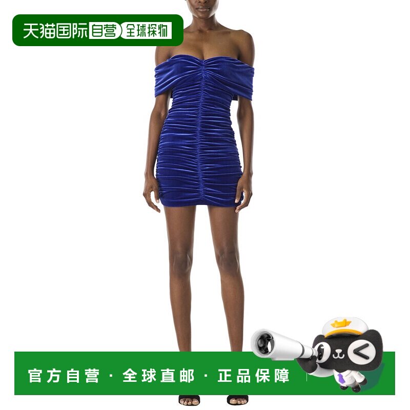 自营Monique Lhuillier露肩Ruched真丝衬里迷你连衣裙-宝蓝色 美